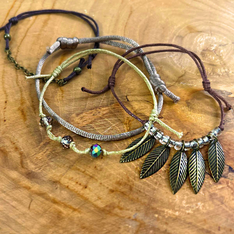 Nature-inspired leaf bracelet with bronze, brown and metallic beads perfect for stacking.