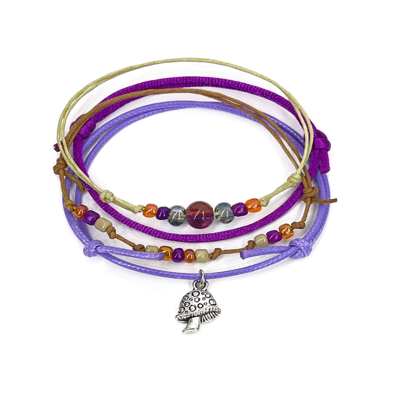 O Yeah Gifts Purple Mushroom Bracelet with silver charm, vibrant beads, and adjustable layered cords, perfect for teens and boho festival fashion lovers