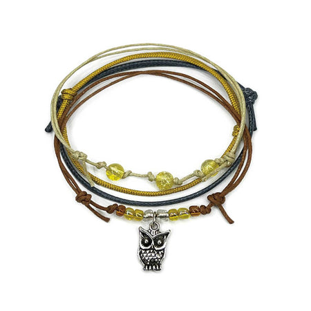 Yellow Owl Bracelet Style Pack with silver owl charms earthy shimmer beads and waterproof cords