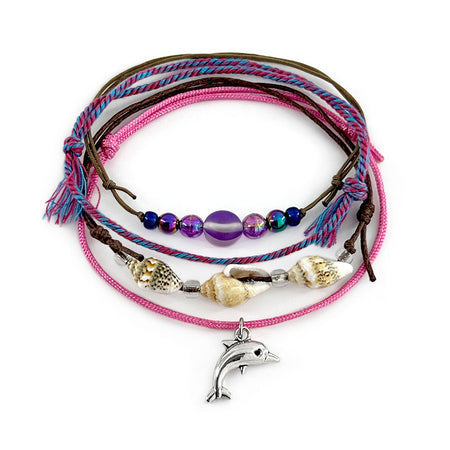Pink Dolphin Shell Charm Bracelet Pack with braided cords, silver dolphin charm and beachy pink and purple beads