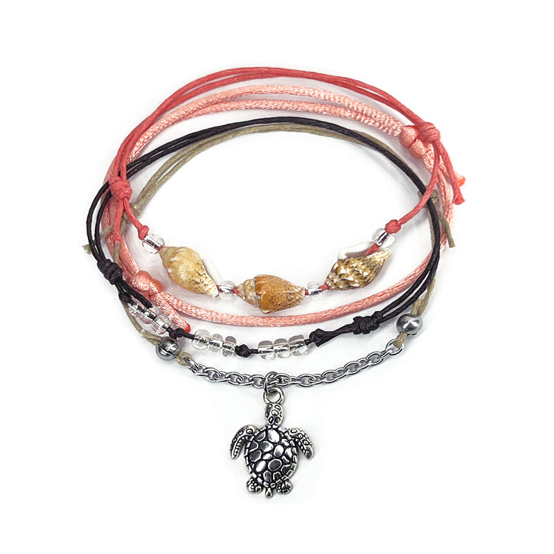 Pink Sea Turtle Shell Charm Bracelet Pack with real shells, silver turtle charm and pink, peach and brown cords