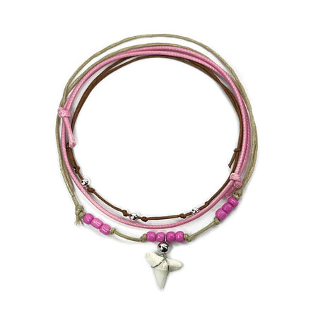 Pink Shark Tooth Anklet Pack with real tooth, pink beads and beige-brown beach cords
