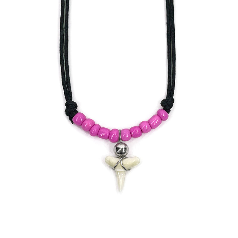 Pink shark tooth necklace with real tooth, silver bead and bright pink glass beads on black cord