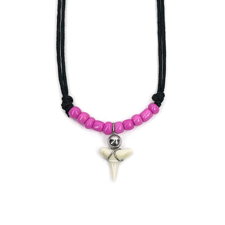 Pink shark tooth necklace with real tooth, silver bead and bright pink glass beads on black cord