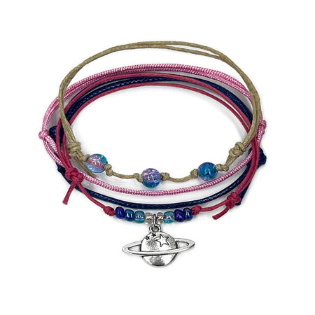 Pink Planet Bracelet Style Pack with galaxy tones, silver planet charm and shimmer cords