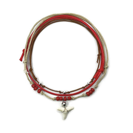 Red Shark Tooth Anklet Pack with real tooth, silver beads and bold beach cord
