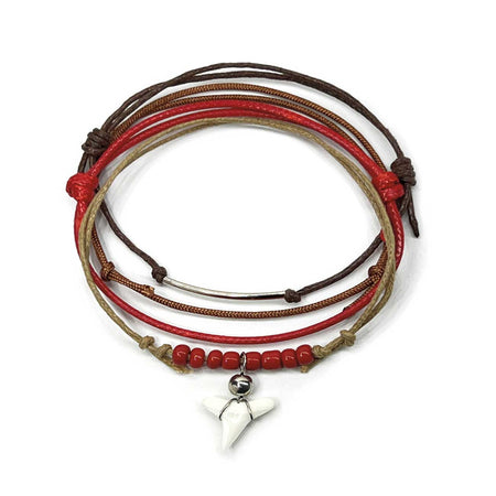 Red Shark Tooth Bracelet Style Pack with real shark tooth, red glass beads and adjustable surfer cords