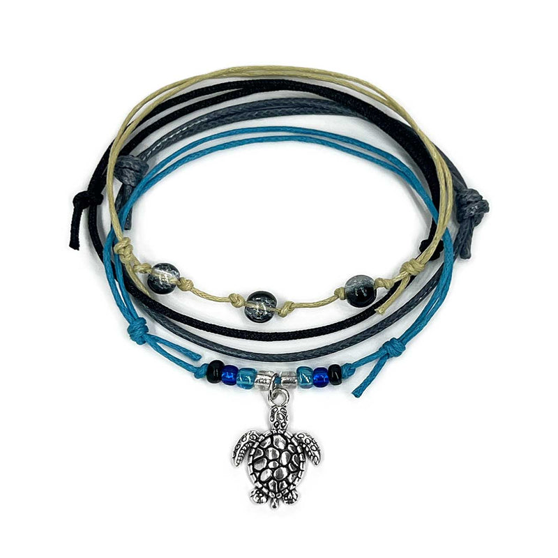 Black Sea Turtle Bracelet – Stackable Waterproof Charm Bracelet with Silver Turtle Charm and Glass Beads