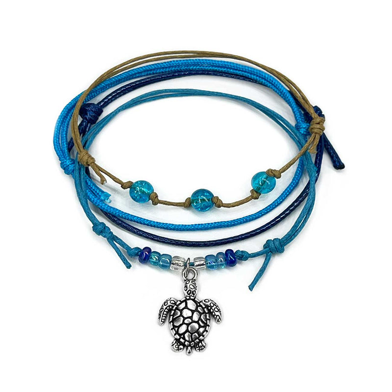 Blue Sea Turtle Bracelet – Waterproof Stackable Beach Bracelet with Silver Turtle Charm and Blue Glass Beads