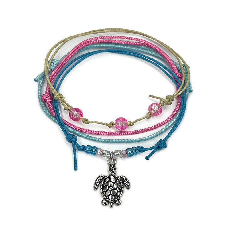 Pink Sea Turtle Bracelet – Stackable Waterproof Bracelet with Silver Turtle Charm and Sparkly Pink Glass Beads