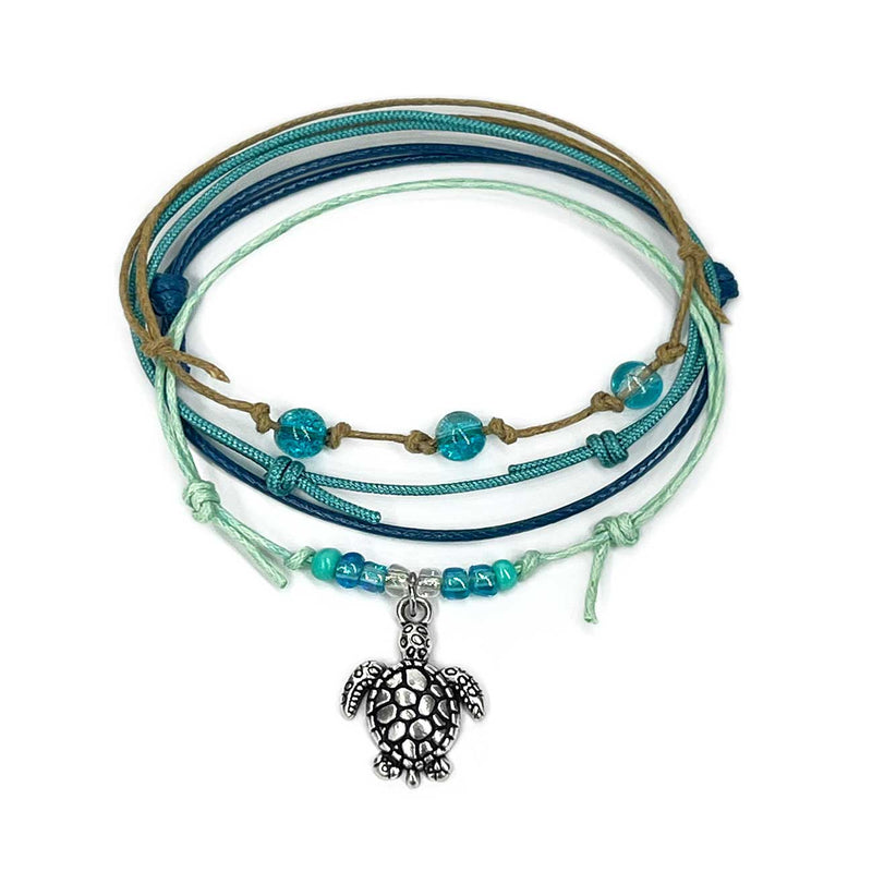 Seafoam Green Sea Turtle Bracelet – Ocean-Inspired Charm Bracelet with Silver Turtle and Teal Glass Beads