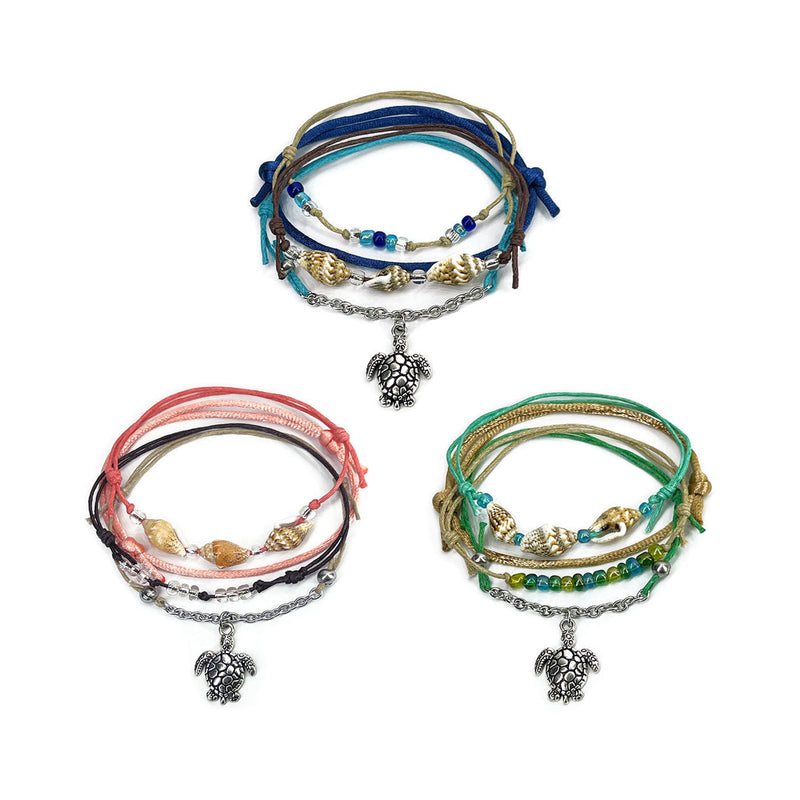 Pink Sea Turtle Shell Charm Bracelet Pack with coral and ivory cords, gold shells, silver turtle charm and beach bead accents