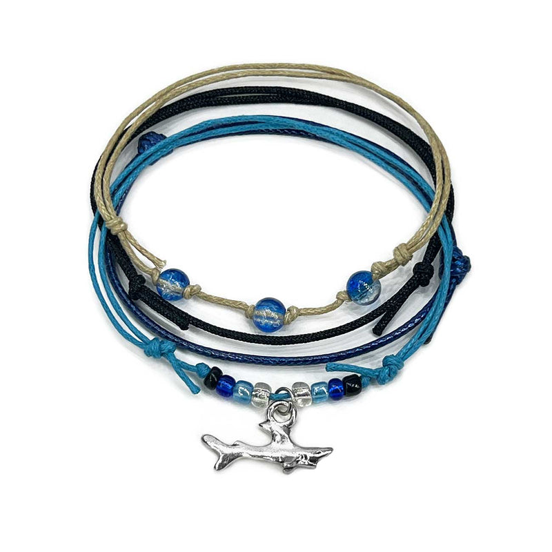 Shark Bracelet Style Pack – Stackable Waterproof Beach Bracelets with Silver Shark Charm