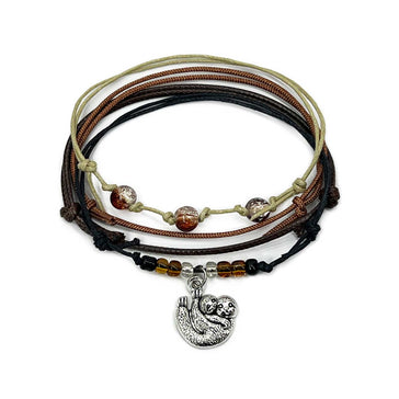 Sloth Bracelet Style Pack with silver charm, earthy brown cords and shimmer beaded bracelets