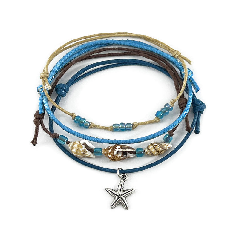 Stackable starfish shell charm bracelets in ocean tones with real shells and silver starfish charm