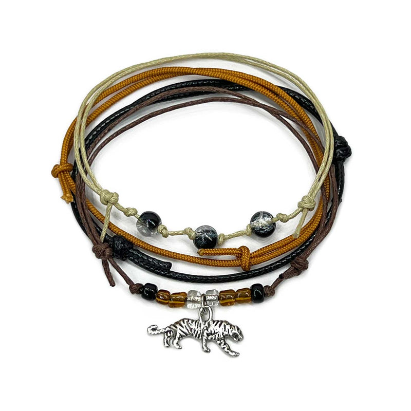 Tiger Bracelet Style Pack with silver tiger charms waterproof orange cords and shimmer bead bracelets
