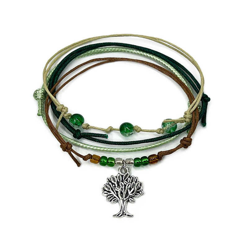 Tree Bracelet Style Pack with silver tree charm, earthy green cords and ombre glass beads