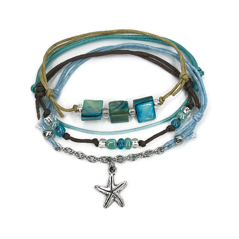 Turquoise Starfish Shell Bracelet Pack with silver charm, shell beads and beach cords