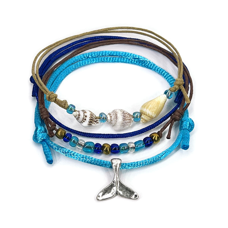 Whale tail shell charm bracelet pack with waterproof blue cords and real shells
