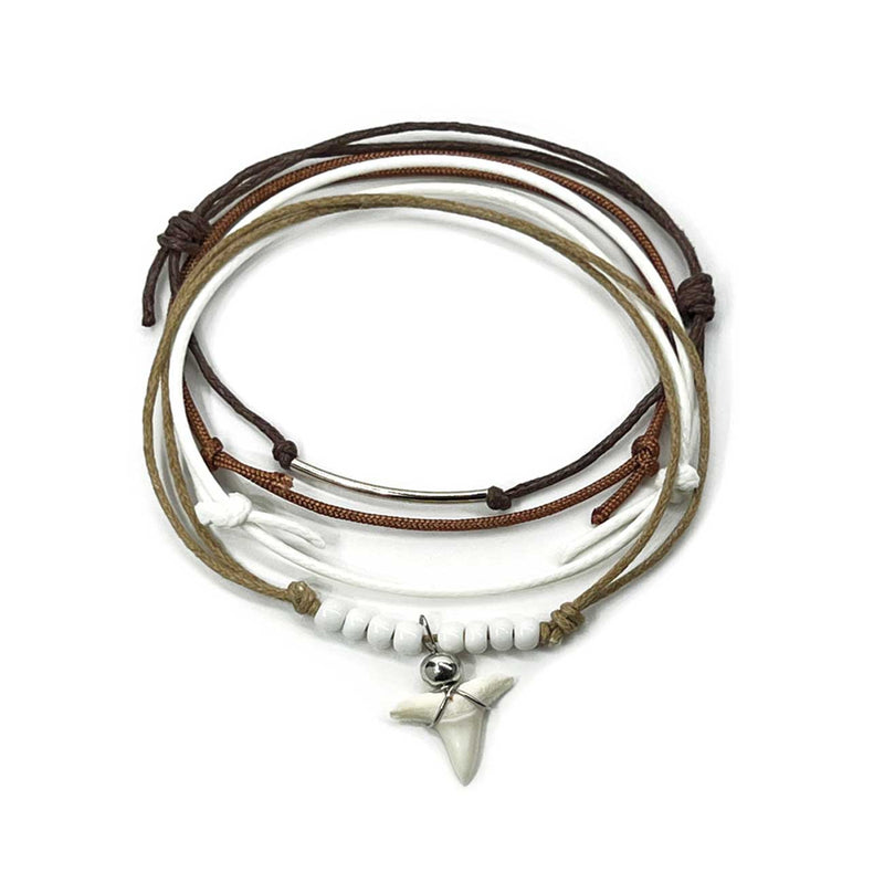 White Shark Tooth Bracelet Style Pack with real tooth, white beads and coastal cord tones