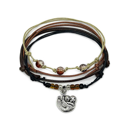 Wholesale Sloth Bracelet Style Pack with silver charm, earthy brown cords and shimmer beads