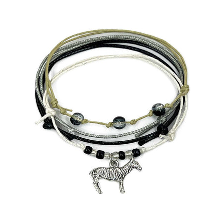 Zebra Bracelet Style Pack with silver zebra charm shimmer beads and striped black-and-white waterproof cords