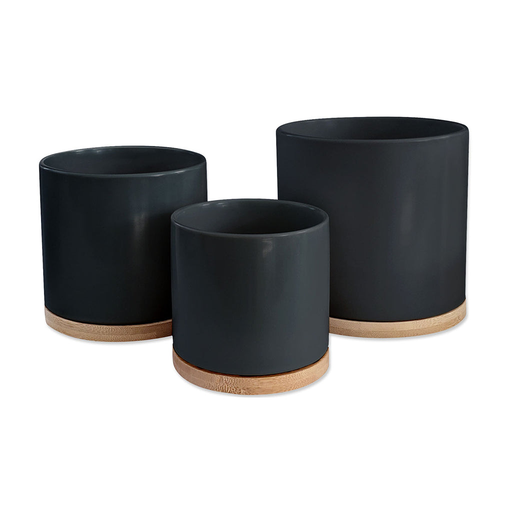 Black Ceramic Planters & Bamboo Saucers - 3 Piece Set - O Yeah Gifts!