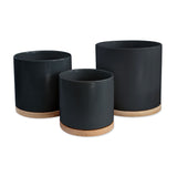 Black Ceramic Planters & Bamboo Saucers - 3 Piece Set