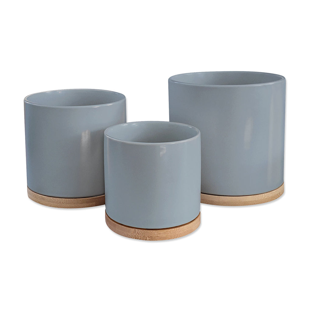 Gray Ceramic Planters & Bamboo Saucers - 3 Piece Set - O Yeah Gifts!