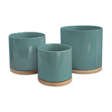 Turquoise Blue Green Ceramic Planters & Bamboo Saucers - 3 Piece Set