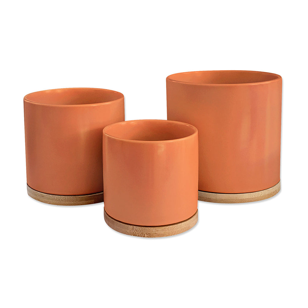 Orange Ceramic Planters & Bamboo Saucers - 3 Piece Set - O Yeah Gifts!