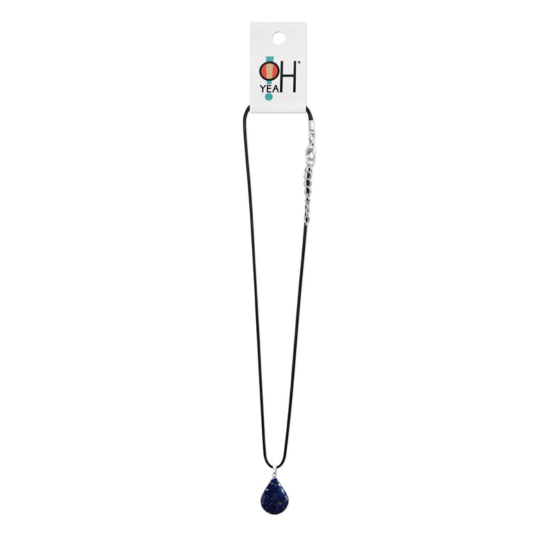 Blue Goldstone Gemstone Drop Necklace with sparkling blue teardrop pendant on a black cord necklace – O Yeah! Gifts.