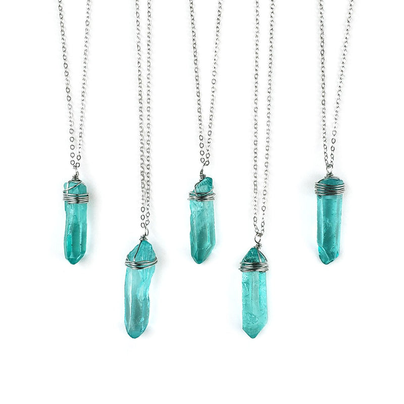 Wire Wrap Band Crystal Chain Necklace, Pink Blue Green Quartz Crystal Pendant - O Yeah Gifts!