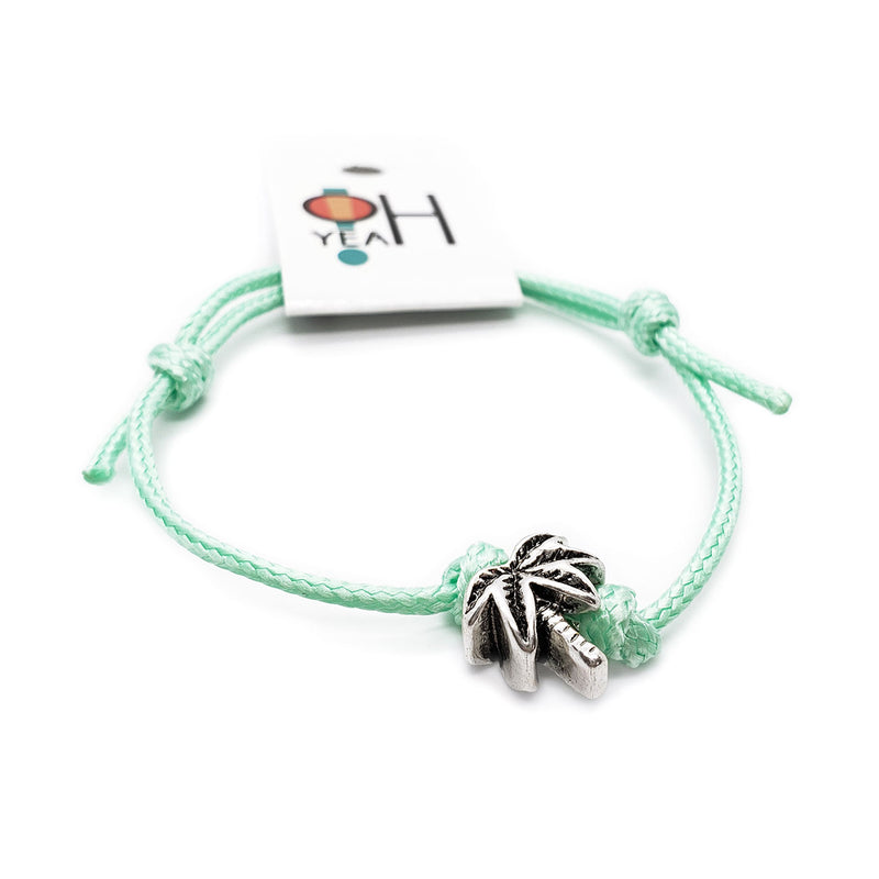 O Yeah Gifts Palm Tree Charm Bracelet – Mint-colored cord bracelet with a silver palm tree charm, perfect for adding tropical vibes to your look.