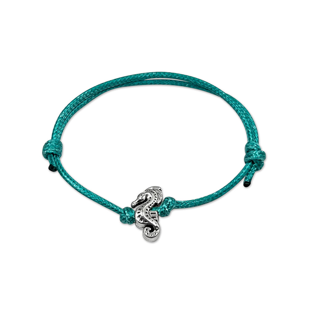 O Yeah Gifts Seahorse Bracelet – Turquoise blue cord bracelet with a silver seahorse charm, perfect for adding a touch of ocean-inspired style and coastal vibes.