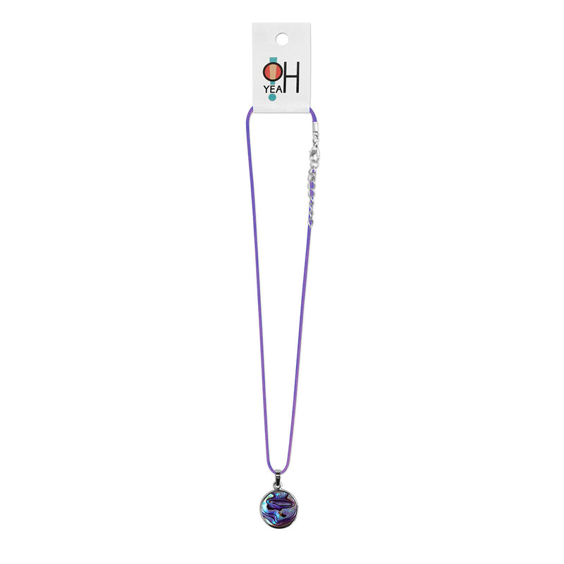 Abalone circle pendant necklace showcasing shimmering ocean colors and beachy vibes.