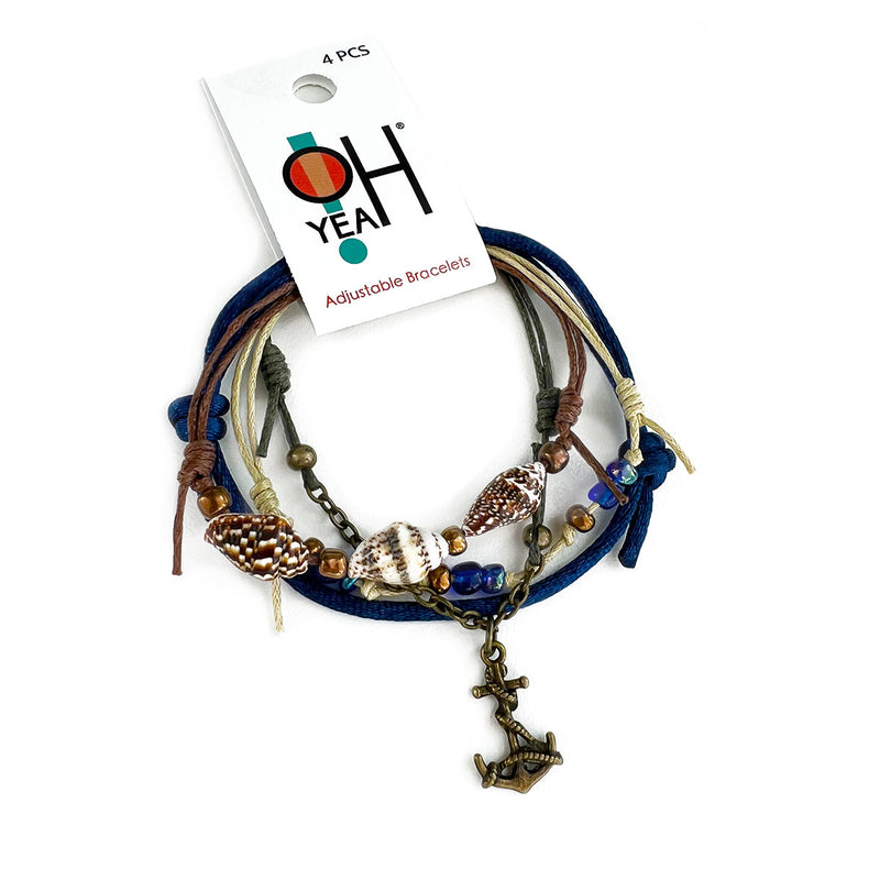 Anchor Bracelet 4-Pack with shell beads and link chain – nautical anchor bracelets for beach lovers