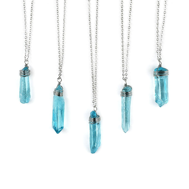 Blue Crystal Necklace with wire wrap – boho gemstone pendant for layering and cosmic style