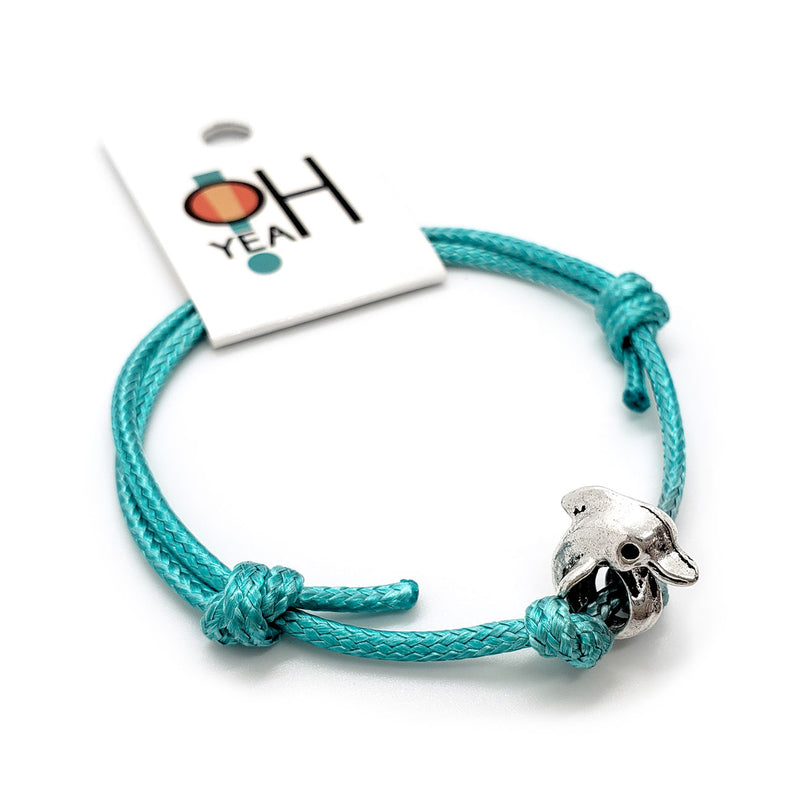 Close-up of Blue Dolphin Charm Bracelet – adjustable beach jewelry with silver dolphin charm for ocean lovers and coastal style.