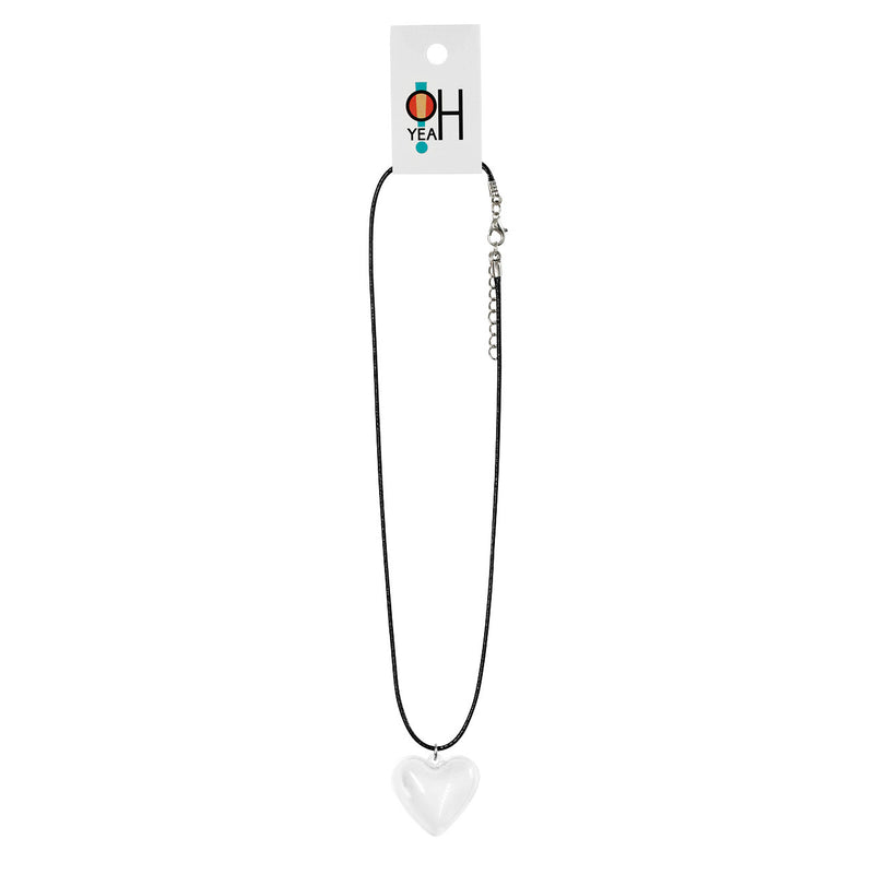 Heart-shaped clear keepsake necklace with optional shells and black adjustable cord