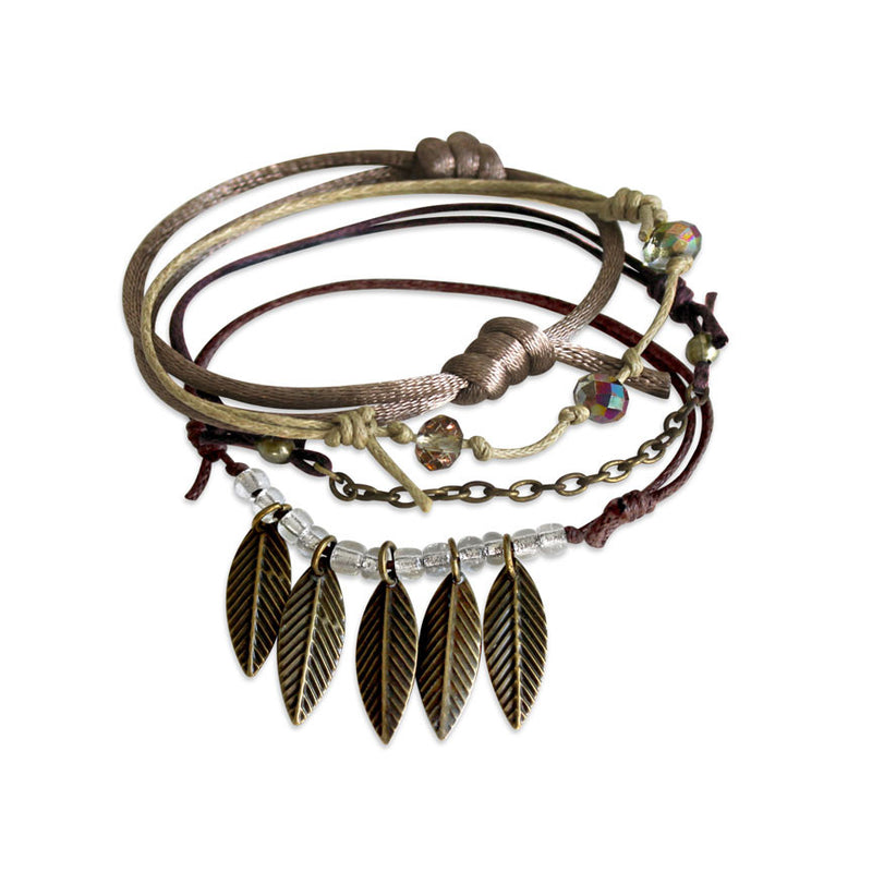 Leaf bracelet with natural-inspired beads and a silver leaf charm for a layered style.