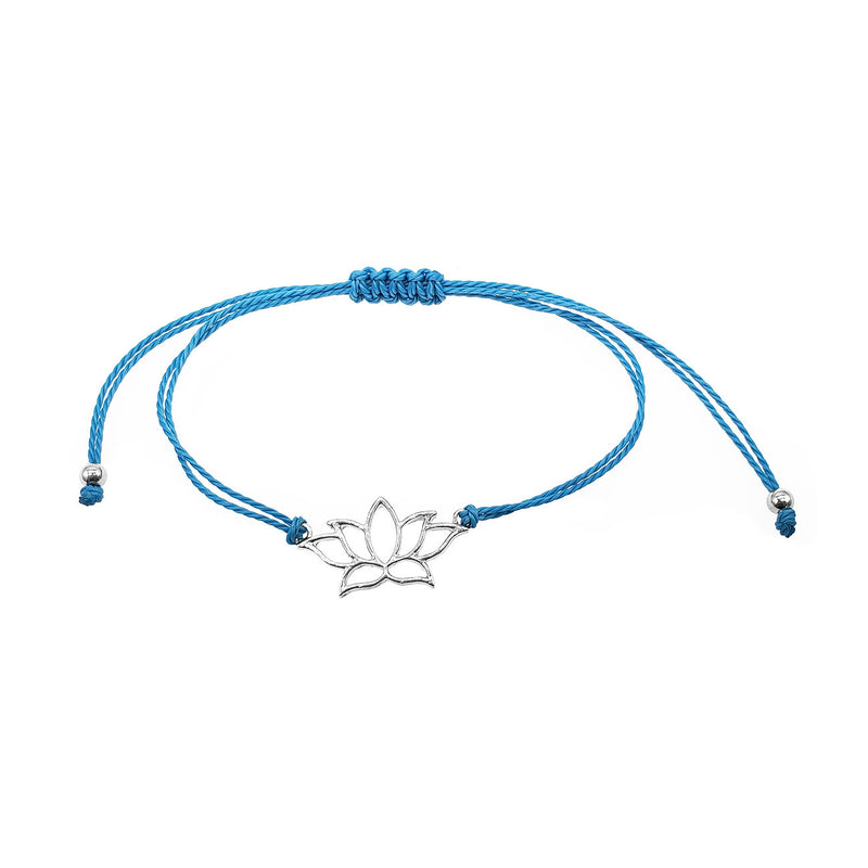 O Yeah Gifts Blue Nova Lotus Flower Bracelet with silver lotus charm and adjustable blue cord, perfect for Swifties, boho style and chakra-inspired fashion