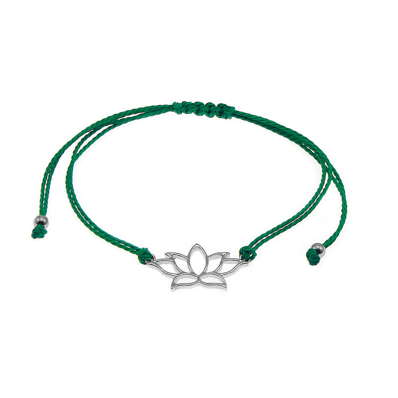 O Yeah Gifts Green Lotus Flower Bracelet with symbolic lotus charm on green adjustable cord, perfect for teens, yoga lovers and boho style enthusiasts