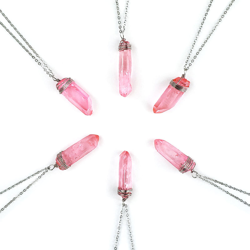 Pink Crystal Necklace with Wire-Wrapped Pendant on Chain, Perfect Pink Crystal Jewelry