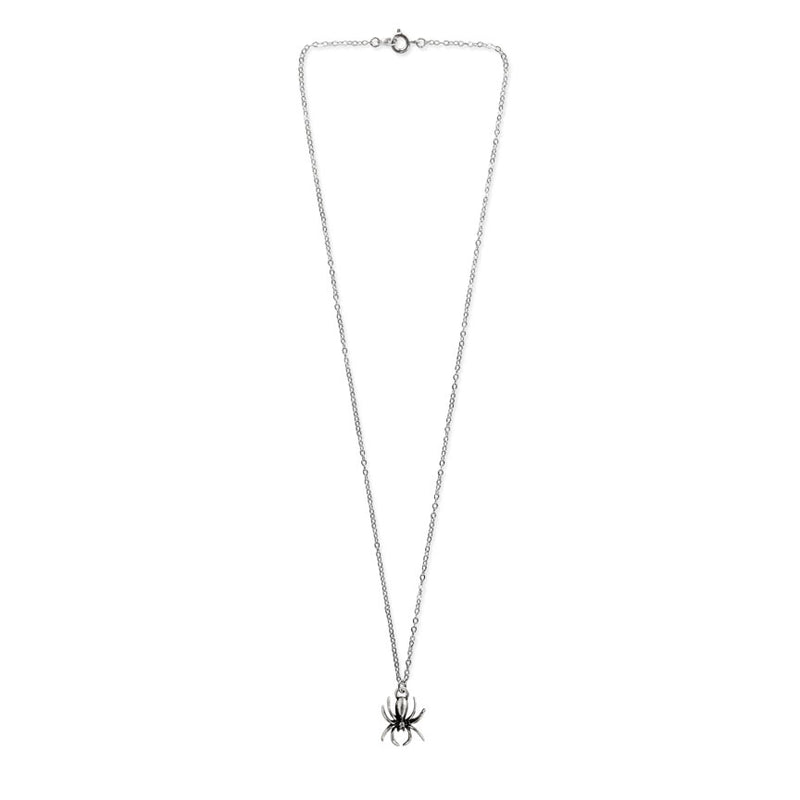 Close-up of spider pendant necklace showing intricate antique silver finish and sturdy lobster clasp, lightweight charm jewelry designed for layering or wearing solo, fits boho goth, cottage goth, and e-girl aesthetics, durable lead and nickel free metal, perfect for everyday adventures or spooky season looks.