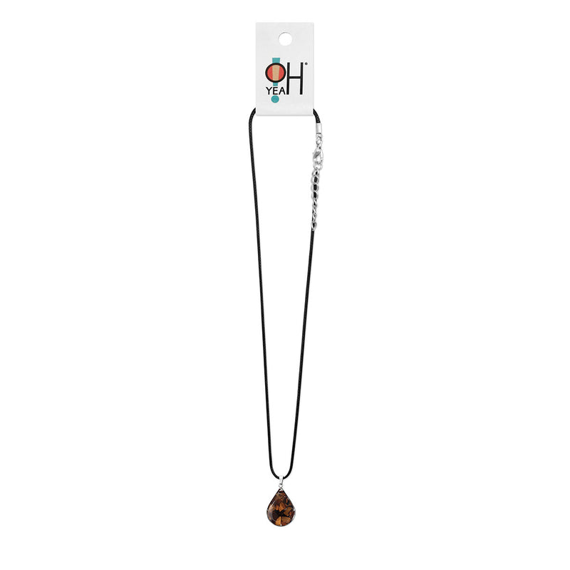 Tiger Eye teardrop crystal necklace with black cord and packaging – gemstone pendant for strength and courage.