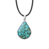 Turquoise Crystal Pendant Necklace with a teardrop gemstone on a black cord.